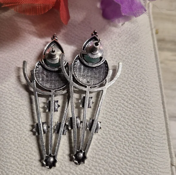 Silver and Green Bohemian Statement Earrings - Picture 3 of 4